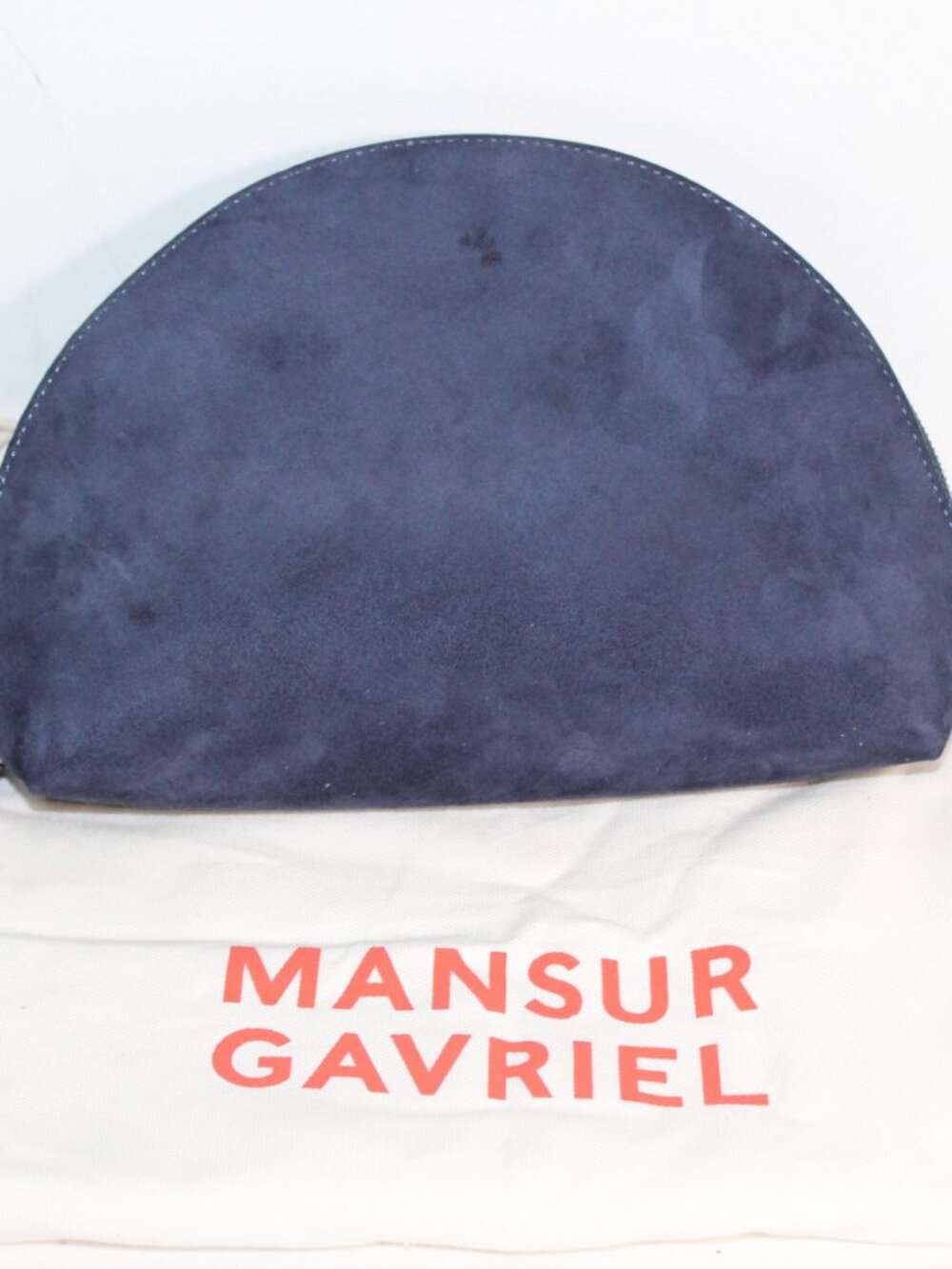 NEW MANSUR GAVRIEL Blue Suede Bellezza Half Moon Zip Top Pouch Clutch Handbag
